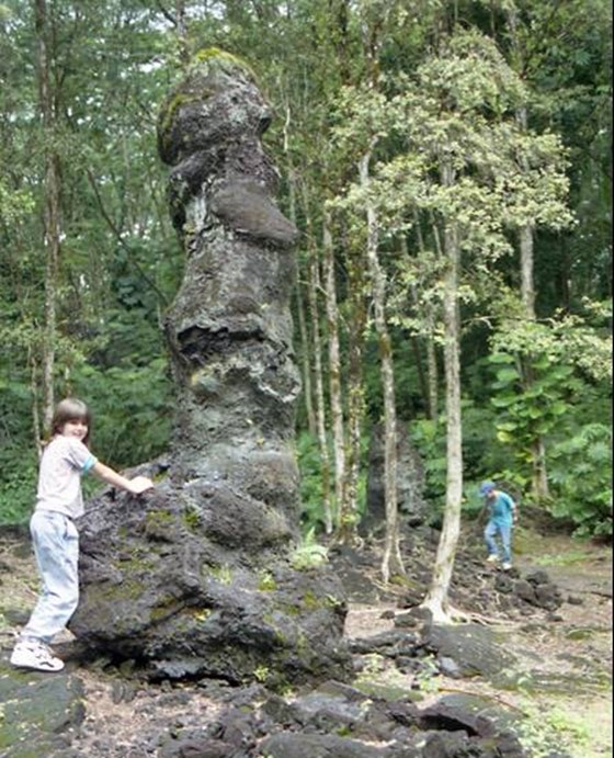 Lava that cooled around a treek trunk remains after the lava has flowed away